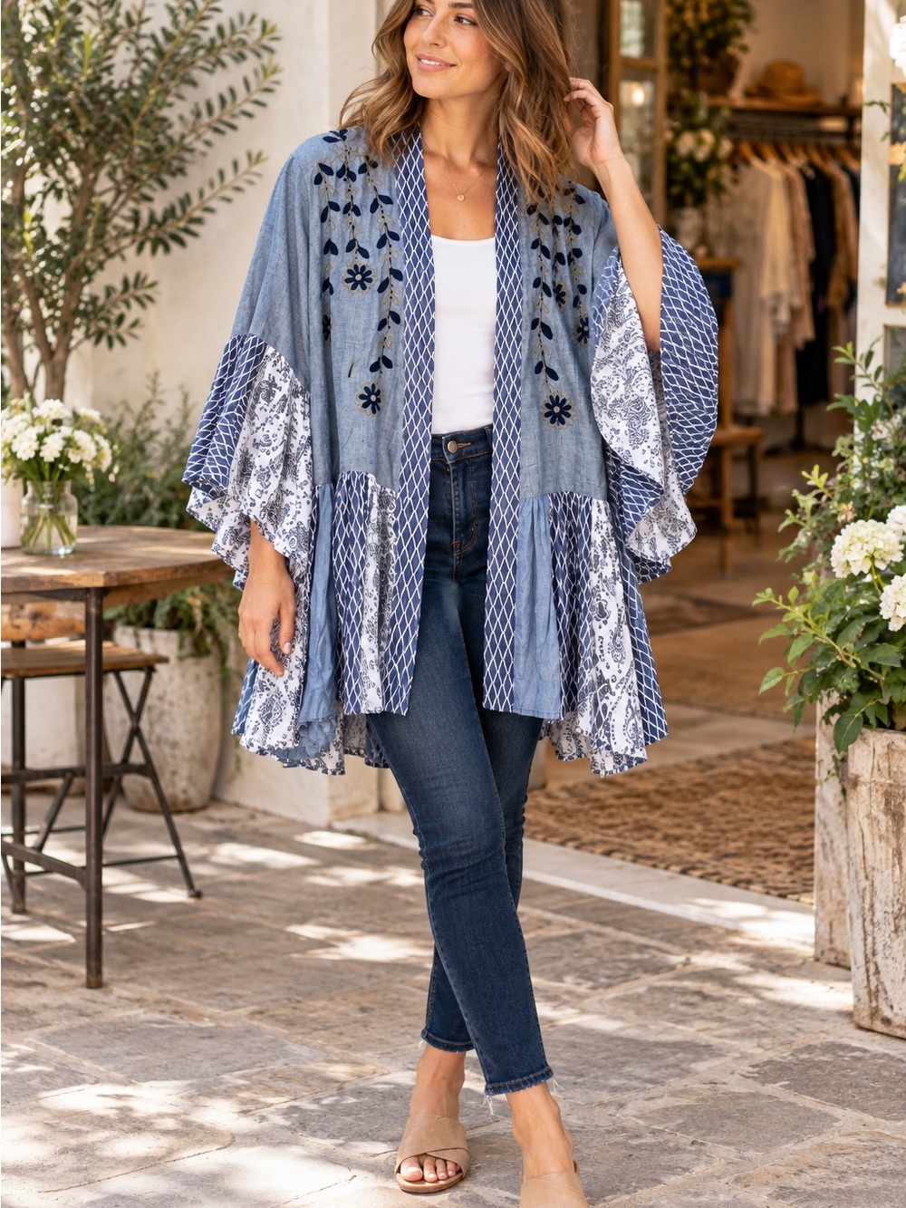 Young threads Blue Embroidered Patchwork Kimono size M NWT